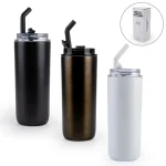 Double Wall SS Tumblers with Transparent Lid & Metal Straw – 500ml